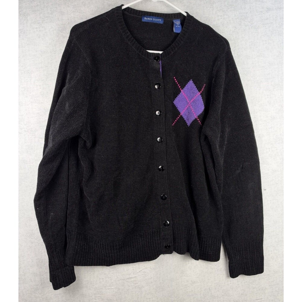 Karen Scott Black w/Purple Argyle Accent Sweater Women’s Large Soft Cozy Acrylic